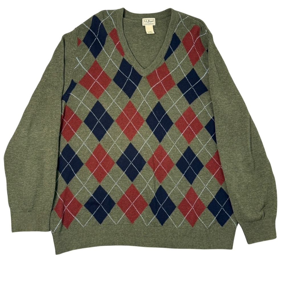 LL Bean Sweater Mens XL Green Argyle Lambswool V Neck Preppy Classic‎ Holiday